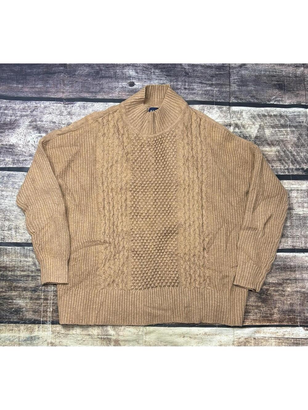 Gap Sweater Mens Medium Fisherman Knit Cotton Wool Blend Tan Pullover